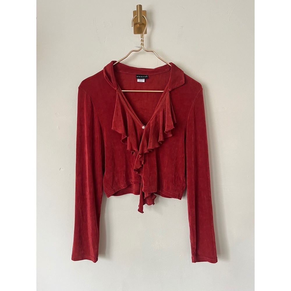 Citiknits Rust Red Ruffle Crop Cardigan Long Sleeve Fairycore Boho Knit Top M
